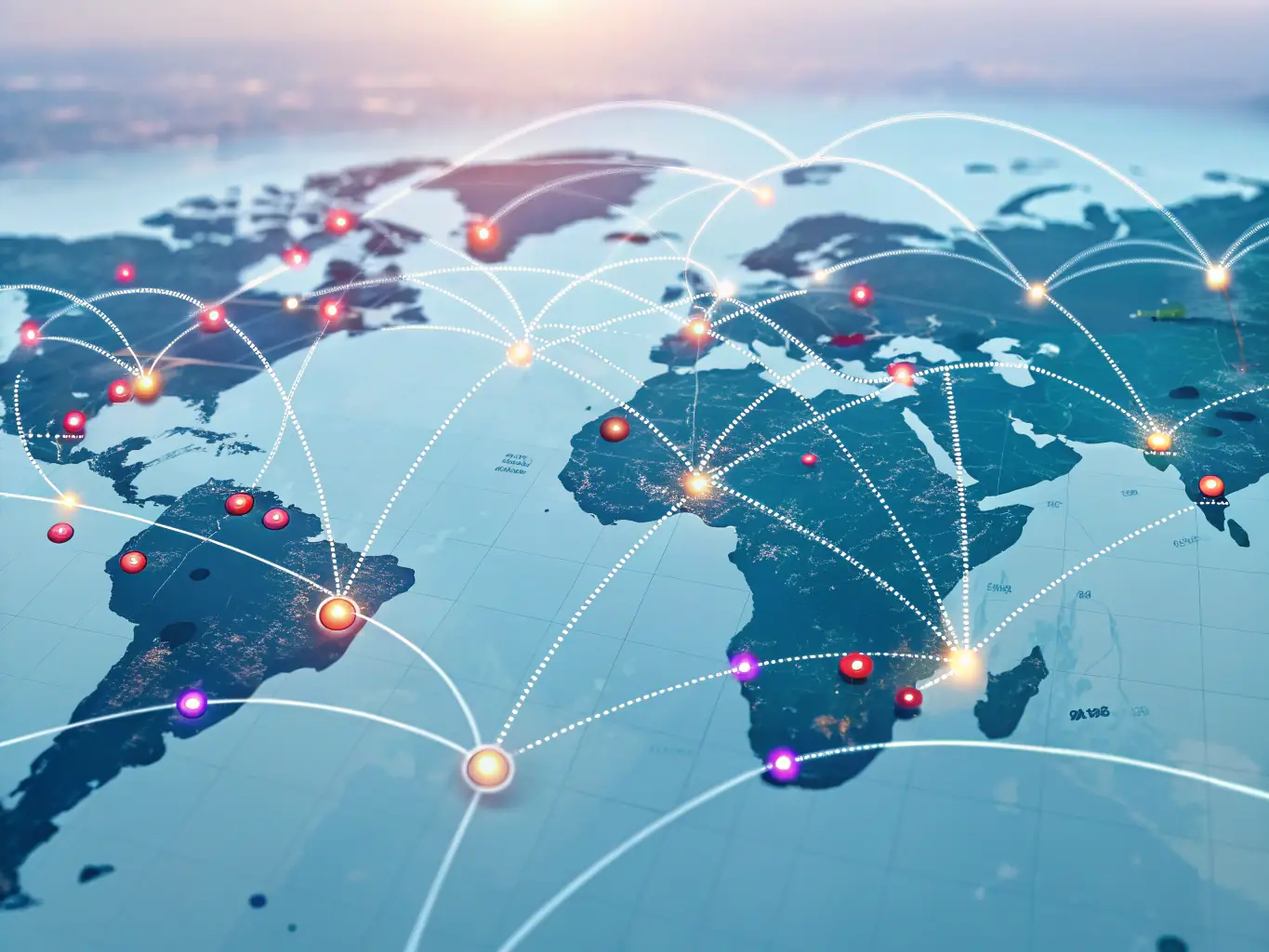 A dynamic image featuring a network of interconnected global trade routes and business connections, with digital nodes representing different countries and industries, symbolizing the reach and connectivity of Megadon Marketplace's international trade network.