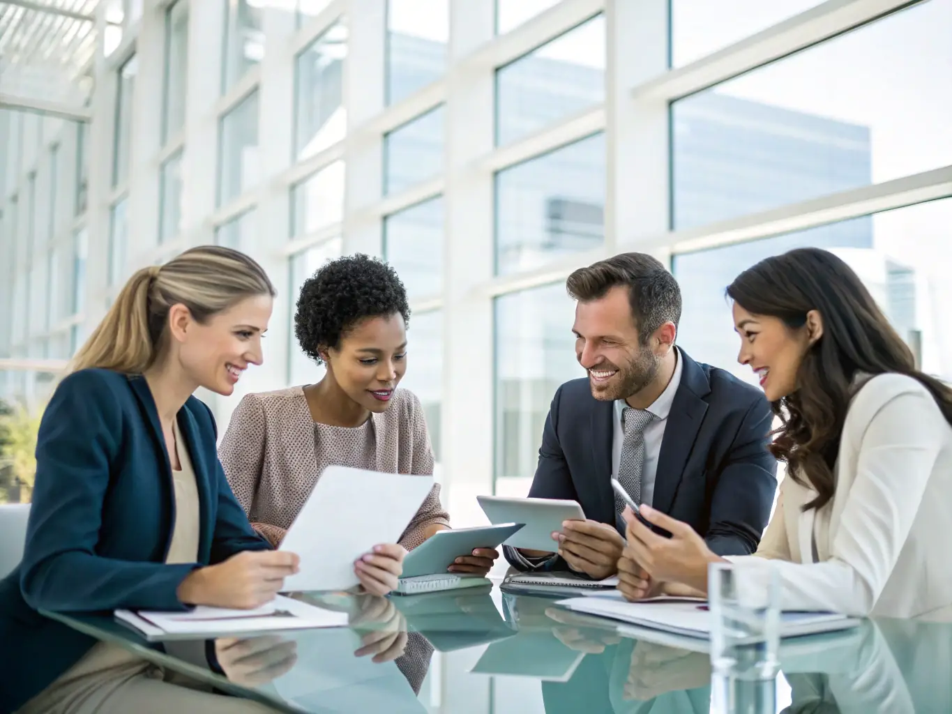 A professional image of a diverse team of business professionals collaborating in a modern office setting, reviewing data and discussing strategies, symbolizing the collaborative and supportive environment fostered by Megadon Marketplace's B2B solutions.